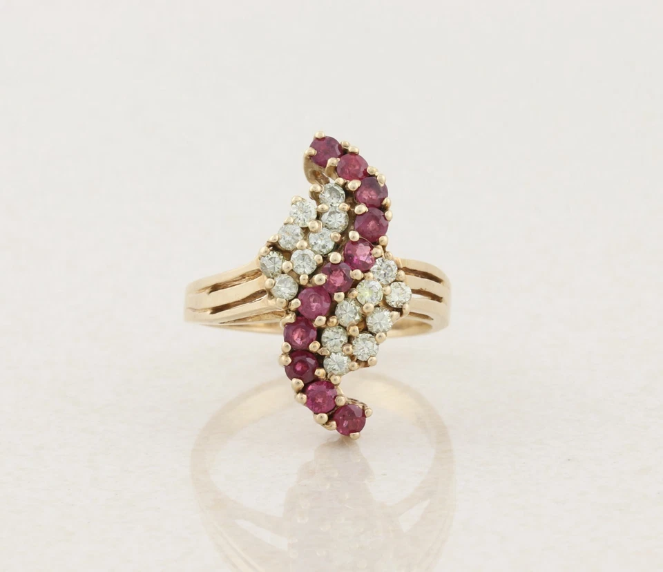 10k Yellow Gold Natural Ruby and Diamond Ring Size 6 3/4 Cluster Ring Waterfall  - Image 1 of 4