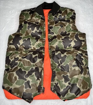 VTG Gander Mountain Reversible Camo Blaze Orange Puffer Vest Mens Small Down Zip - Image 1 of 4