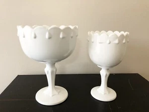 Vintage White Milk Indiana Glass Scalloped Teardrop Candy Dish Goblet Set of 2 - Picture 1 of 5