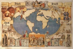 Karte zeigt GESCHICHTE & VERBREITUNG des SCHWARZEN TODES weltweit UNIKAT 20x30 - Bild 1 von 1
