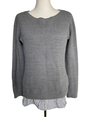 Suéter AB Studio Mediano Gris Pullover Algodón Camisa Dobladillo Gris Rayas Foto 1 de 4