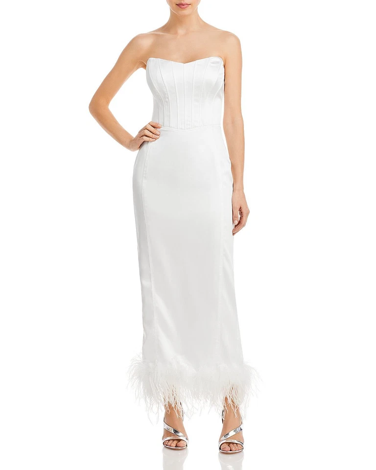 Aqua Faux Feather Trim Hem Midi Cocktail/Party Dress Women's XS White Zip