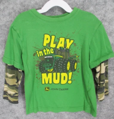 Camisa John Deere para niños 4 Monster Truck Play In The Mud manga en capas camuflaje verde Foto 1 de 4
