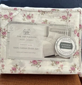Rachel Ashwell The Farmhouse Shabby Chic Queen 100% Cotton Sheets Set Pink Rose - Picture 1 of 5