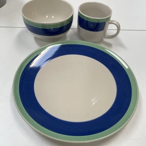 Center Stripe Retired Gibson Everyday Set Plate, Bowl And Mug Blue, Green, White - Picture 1 of 8