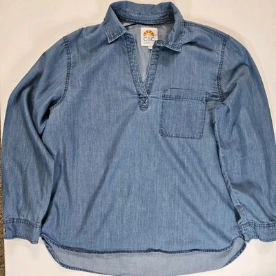 C&C California 女式牛仔波普尔中号蓝色布 V 领口袋西式 — 第 1/4 张图片