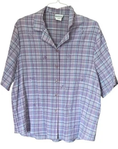 Bon Worth Shirt Women’s Short Sleeve Floral Embroidered Button Up Purple/pink XL - Picture 1 of 8