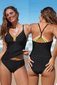 NWT Cupshe Two Piece Tankini Set Black Neon Medium Top, Large Bottom - Picture 1 of 4