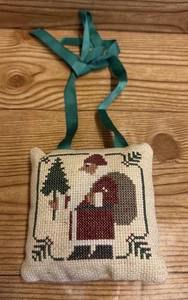 VTG Cross Stitch Santa Claus Christmas Fabric Ornament Green Bow - Picture 1 of 5