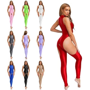 Women One Piece Sleeveless Hollow Out Jumpsuit Glossy Bodystocking Sexy Bodysuit - Picture 1 of 118
