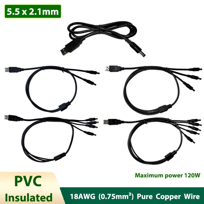 DC Power Splitter Cable USB Male to 5.5x2.1mm Barrel Male Connection Wire 1-5way - Image 1 of 4