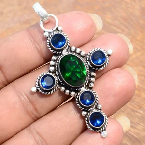 Chrome Diopside &Tanzanite Gemstone Cross 925 Sterling Silver Designer Pendant - Picture 1 of 8