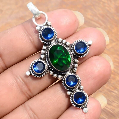Chrome Diopside &Tanzanite Gemstone Cross 925 Sterling Silver Designer Pendant - Image 1 of 4