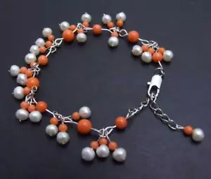 5-6mm Round Natural White Pearl Bracelet for Women Jewelry with Pink Coral 7-9'' - Picture 1 of 6