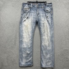Rock Revival Ewin Mens 36 Jeans Slim Straight Distressed Holes Light Flap