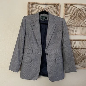 VTG Lauren Ralph Lauren Wool Silk Houndstooth Plaid Blazer Equestrian Sz 6P B9 - Picture 1 of 13