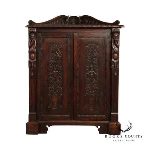 19th Century Antique Renaissance Revival Carved Oak Corner Cabinet Cover