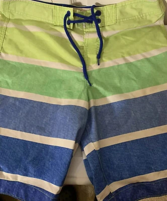 Hollister Mens Sz M Striped Board Shorts Swimwear Green Blue White - Image 1 of 4