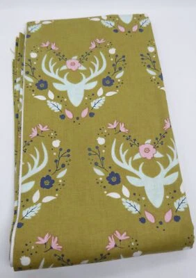 ^Camelot Design Studio Meadow 1 yd 37" x 44" Deer head antlers flowers green - Image 1 of 2