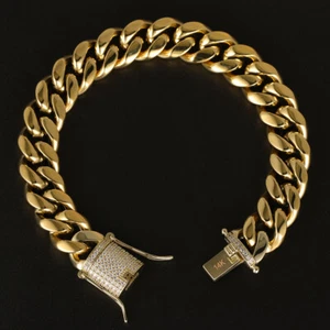 Men's 14K Gold Plated Stainless Steel Miami Cuban Link Bracelet With CZ Clasp - Picture 1 of 12