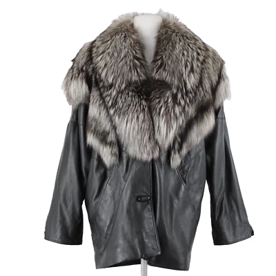 Lillie Rubin Black Gray Fox Fur Collar Pockets Lined 100% Leather Jacket - Image 1 of 4