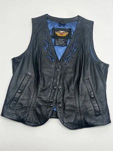 Harley Davidson Gilet Donna Pelle Medium Nebbioso Acque Nero Blu Fiamme Snap - Foto 1 di 5