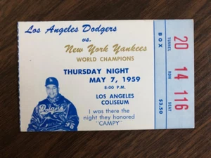 1959 Dodgers vs Yankees Baseball Game Original Ticket Stub ROY CAMPANELLA NIGHT - Picture 1 of 3
