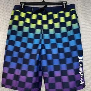 Hurley Boys Checkered Blue Green Purple Swim Board Shorts 9.5” Inseam Sz 18 - Picture 1 of 7