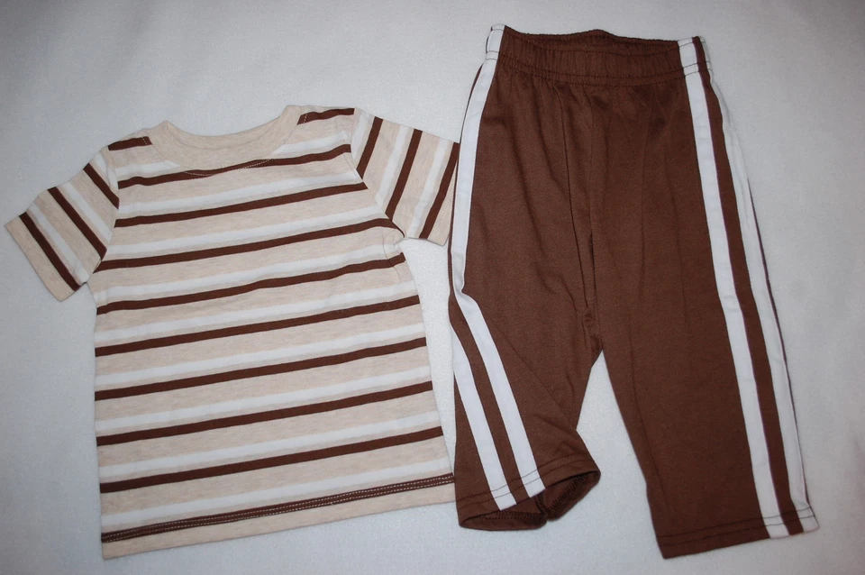 Baby Boys Outfit BEIGE WHITE BROWN STRIPED TEE SHIRT Brown Knit Pants 0-3 MO Foto 1 de 1