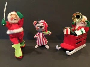 Vintage Annalee Dolls 3 Pc. Christmas Santa Sled Horn Tennis Mouse 1963-65 1971 - Picture 1 of 13