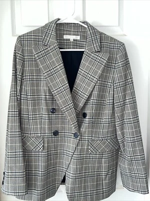 Preston & York Womens Blazer Sz 10 Gray Patsy Navy Plaid Lined Preppy Academia - Image 1 of 4