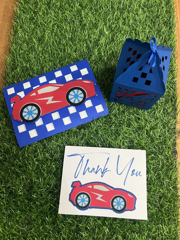 Race Car Birthday Invitations, Thank you Notes, Favor Boxes Set Of 15 Handmade - Image 1 of 4