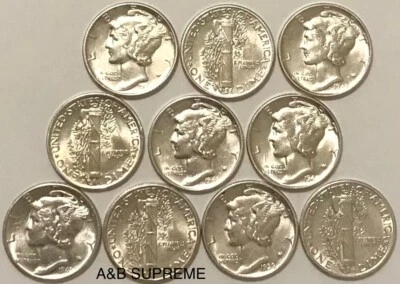 (10) Moneda de diez centavos Mercury AU-BU sobre sin circular-sin circular 90 % plata Foto 1 de 4