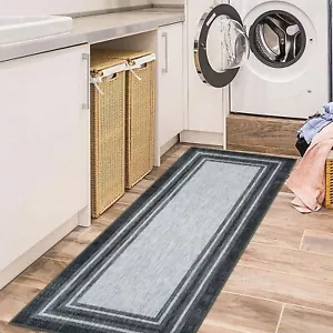 Bordered Laundry Room Rug Runner Washable 2x5 Runner Rug Black Kitchen Runner... - Picture 1 of 7