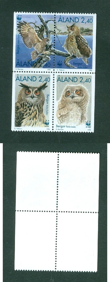 Aland. 1996. WWF. 4-Block from Booklet. MNH. Eagle,Owl. Sc.# 122-125. - Image 1 of 1