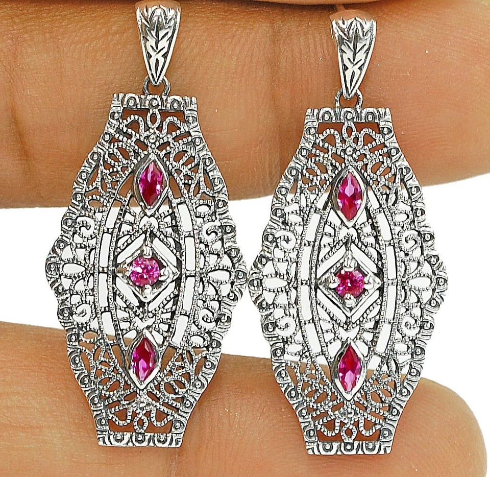 1CT Treated Pink Sapphire 925 Sterling Silver Vintage Style Earrings NU1-3 - Image 1 of 1
