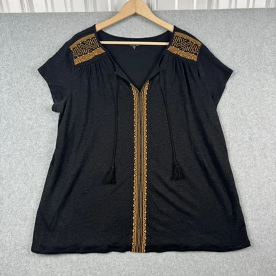 Garnet Hill Top Womens XL Black Embroidered Organic Linen Boho Tunic V Neck - Image 1 of 4