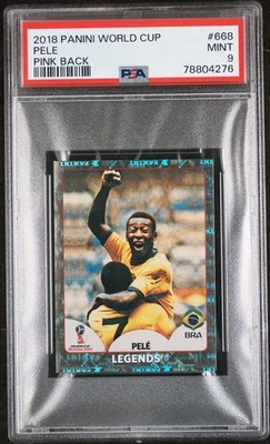 Pegatina dorada Panini Rusia 2018 Pelé espalda rosa #668 PSA 9 Foto 1 de 2