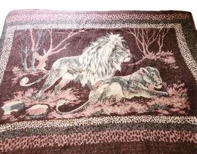 Vintage Vicuna Lion Lioness Reversible Blanket Peru 64x80 Deep Maroon Color - Image 1 of 4