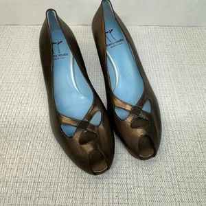 Thierry Rabotin Bronze Nappa Metallic Cross Over Peep Toe Wedge Heels 38.5/8 - Picture 1 of 8