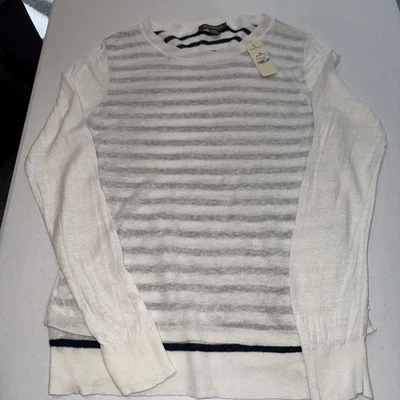 NUEVO CON ETIQUETAS TOMMY BAHAMA 100% Lino Blanco Crochet Azul Marino Rayas Suéter Med $148 Foto 1 de 4