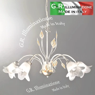 Lustre fer forgé classique moderne 5 L Lampe pendante Ivoire clair argent or ZOE - Photo 1/4