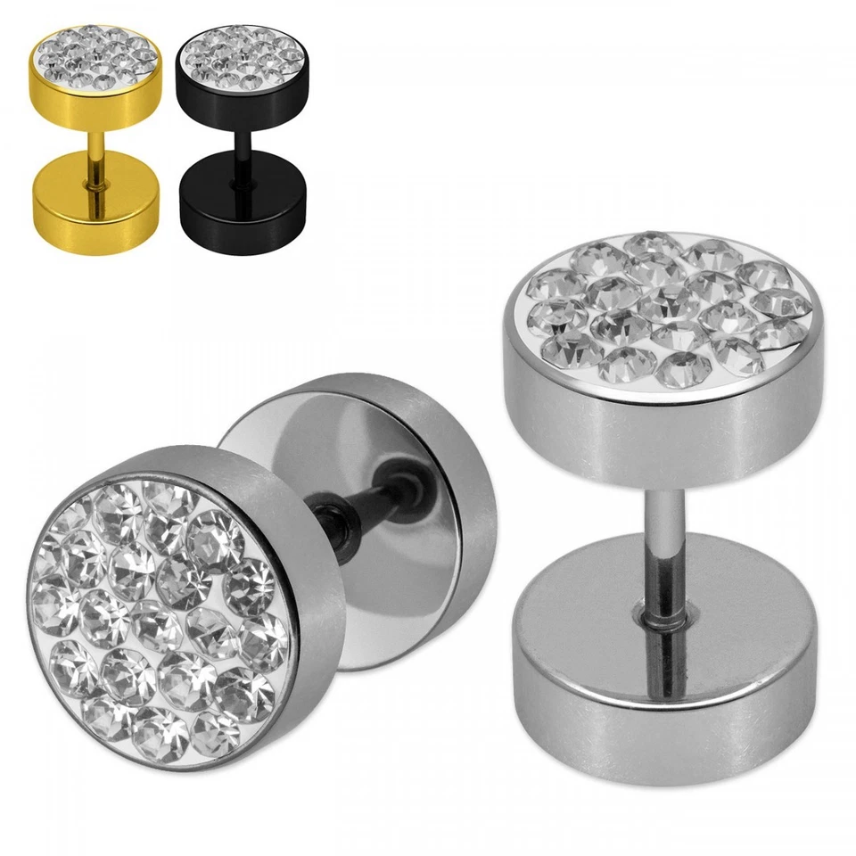 Fakeplugs Strass Stein schwarz silber gold Edelstahl Ohrstecker Ohrring Tunnel - Bild 1 von 1