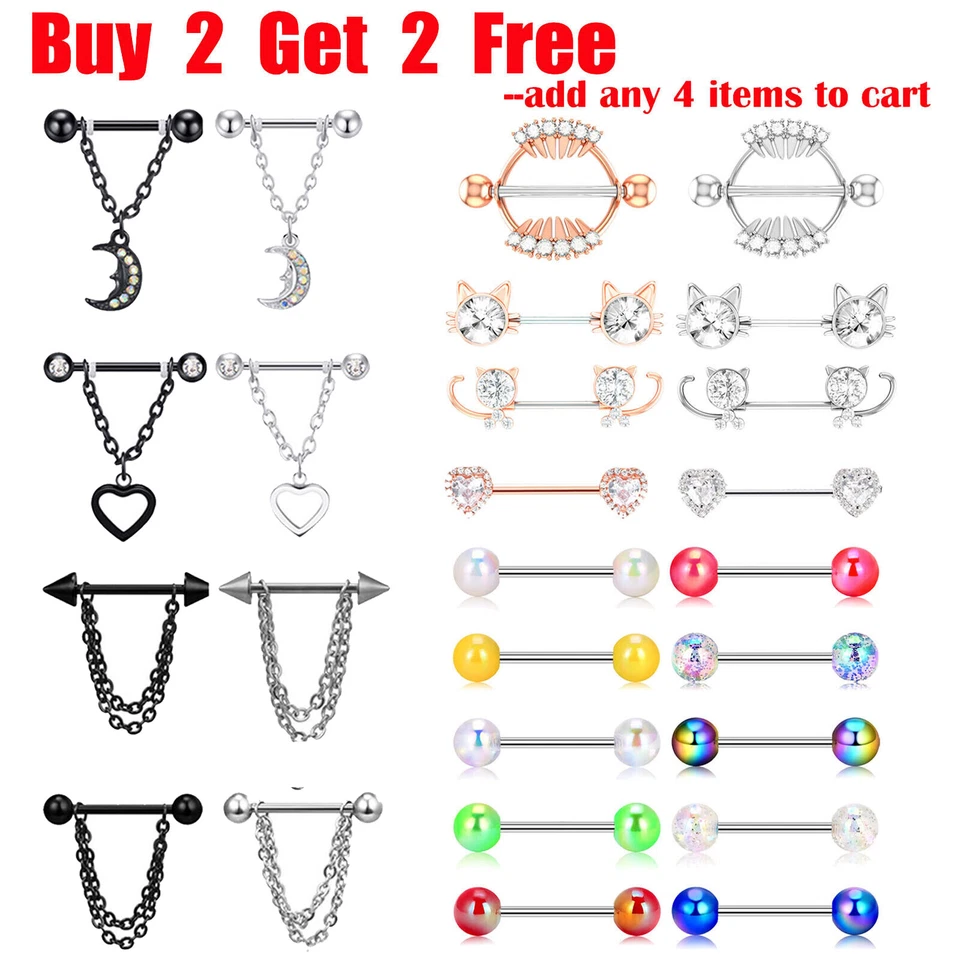 2PCS 14G Surgical Steel Nipple Ring Chain Nipple Shield Tougue Rings Barbell US - Image 1 of 4