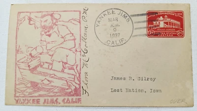 1937 Yankee Jims, CA FDC Signed by Postmaster Flora McCollam to Lost Nation, IA - Image 1 of 2
