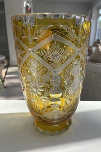 Vintage Bohemian Glass Amber Cut to Clear Floral Vase 24 cm Tall etched - Picture 1 of 10