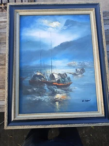 23" Oil Painting Canvas Signed W. Chan Impressionism Seascape Framed - Picture 1 of 4