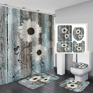 White Daisy Flower Shower Curtain Sets with Rugs 4 Piece Rustic Flower Floral Wo - Picture 1 of 12