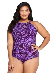 Lands End hochgeschlossen Schlüsselloch Damen Gr. 22 W lila pink Paisley Einteiler Schwimmen - Bild 1 von 13