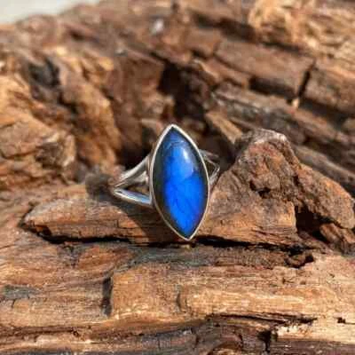 Anillo llamativo de plata maciza 925 con piedras preciosas marquesa labradorita azul Foto 1 de 4